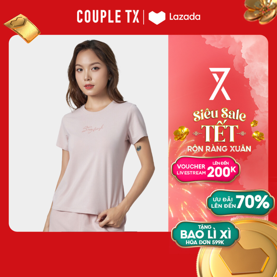 [15.1 - 17.1 Voucher lên đến 200K] Áo Thun Nữ COUPLE TX - Áo Form Ôm, Tay Ngắn, Cổ Tròn, Hình Modal Thêu Stay Fresh WTS 2366