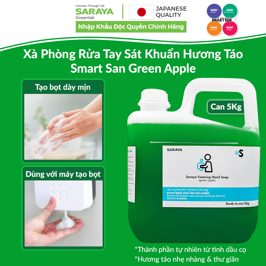 Xà phòng rửa tay sát khuẩn saraya foaming hand soap , hương táo - can 5kg