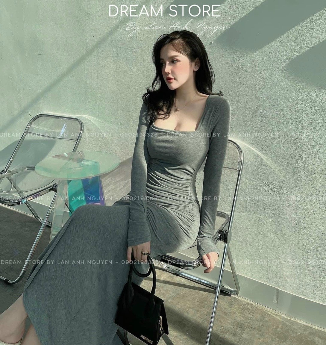Đầm body cổ vuông tay dài dáng đuôi cá thanh lịch
