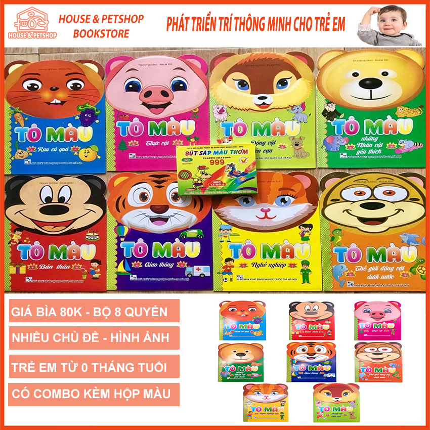 Bộ 8 Quyển Tô Màu Nhiều Chủ Đề Cho Bé Sáng Tạo - Kèm Hộp Màu - Tô Màu Cho Trẻ Em