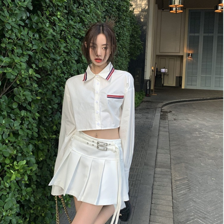 Áo sơ mi croptop phối kẻ xanh, Sơ mi nữ tay dài thời trang kiểu dáng công sở LADY QUẢNG CHÂU