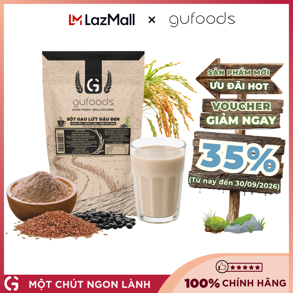 Bột gạo lứt đậu đen GUfoods - Chín sẵn, Uống liền, Dễ tiêu hoá, Healthy, Tiện lợi, Phù hợp Eat clean, Thực dưỡng, Thuần chay (25g / túi zip 500g)