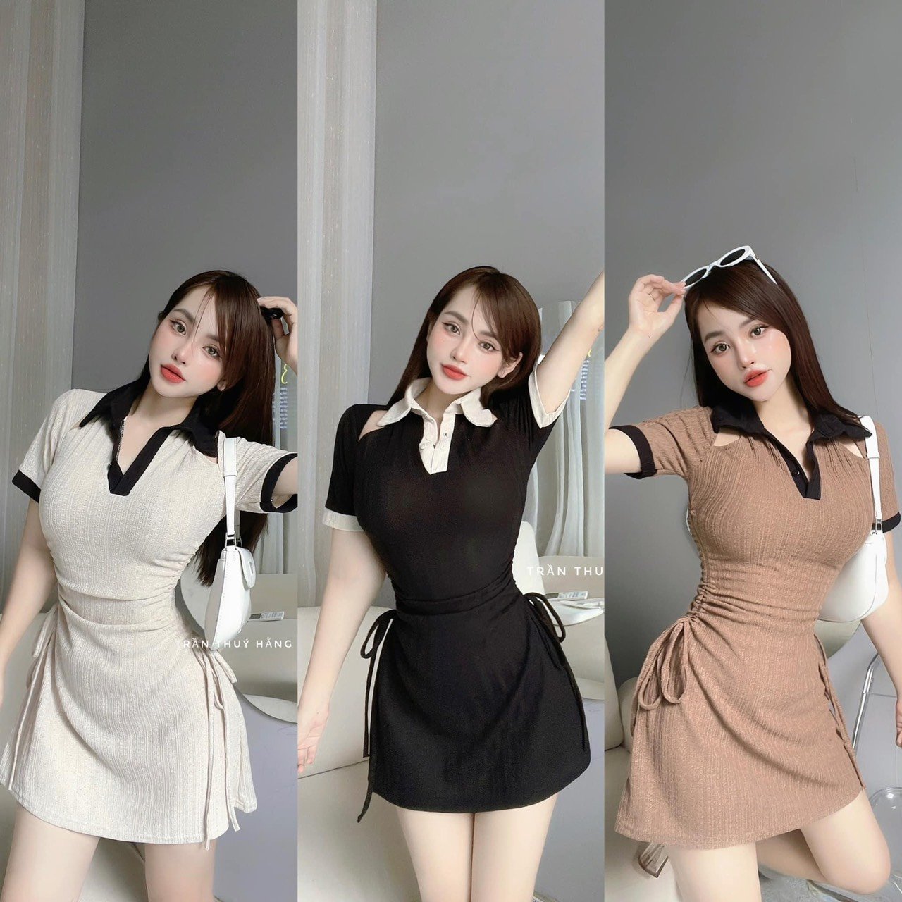 Đầm cổ bẻ tay ngắn pinkstore29, dáng ôm body hở vai dây rút d099