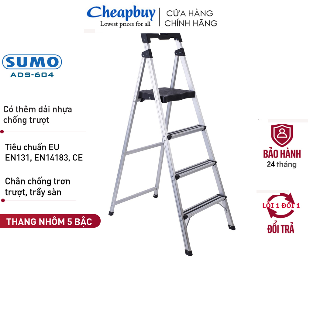 Thang ghế nhôm 3-4-5 bậc có tay vịn bậc to gấp gọn nhập khẩu SUMO, Thang ghế gia đình đa năng xếp gọn, chân chống trơn trượt, khay đựng dụng cụ, siêu nhẹ chịu lực - Chính hãng Bảo hành 2 năm