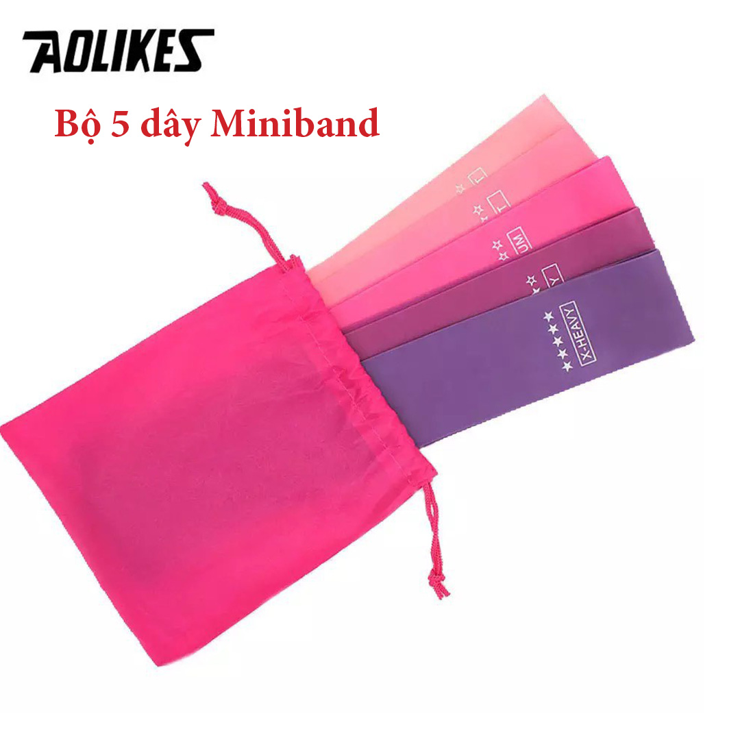 Bộ 5 dây miniband cao su Aolikes tập chân mông, dây kháng lực đàn hồi màu hồng paste