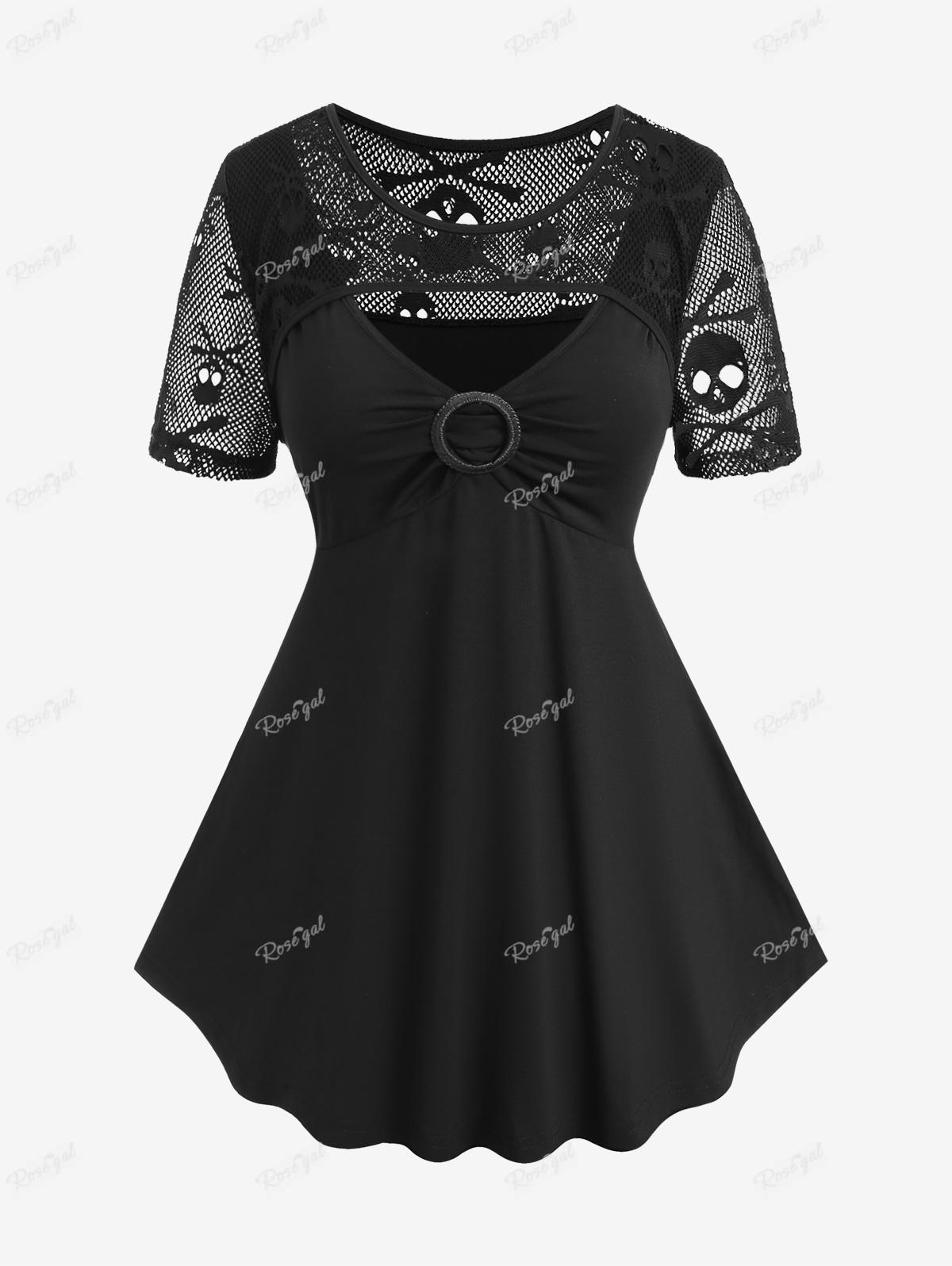 Rosegal Cộng Với Kích Thước Gothic Spider Web In Ren up T-Shirt Màu Đen Vòng Cổ Ngắn Tay Áo Áo Tops Đối Với Phụ Nữ