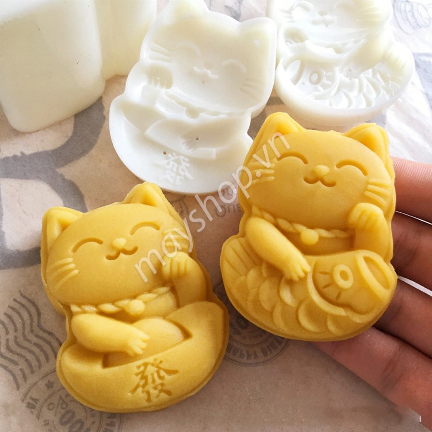 Khuôn trung thu 2 mặt mèo thần tài / ktt42
