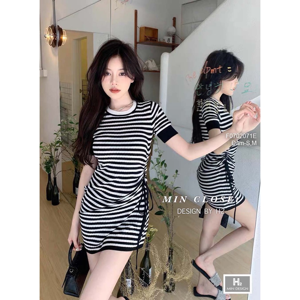 Đầm ÔM body kẻ sọc rút dây bên eo cổ tròn tay ngắn freesize dưới 53kg