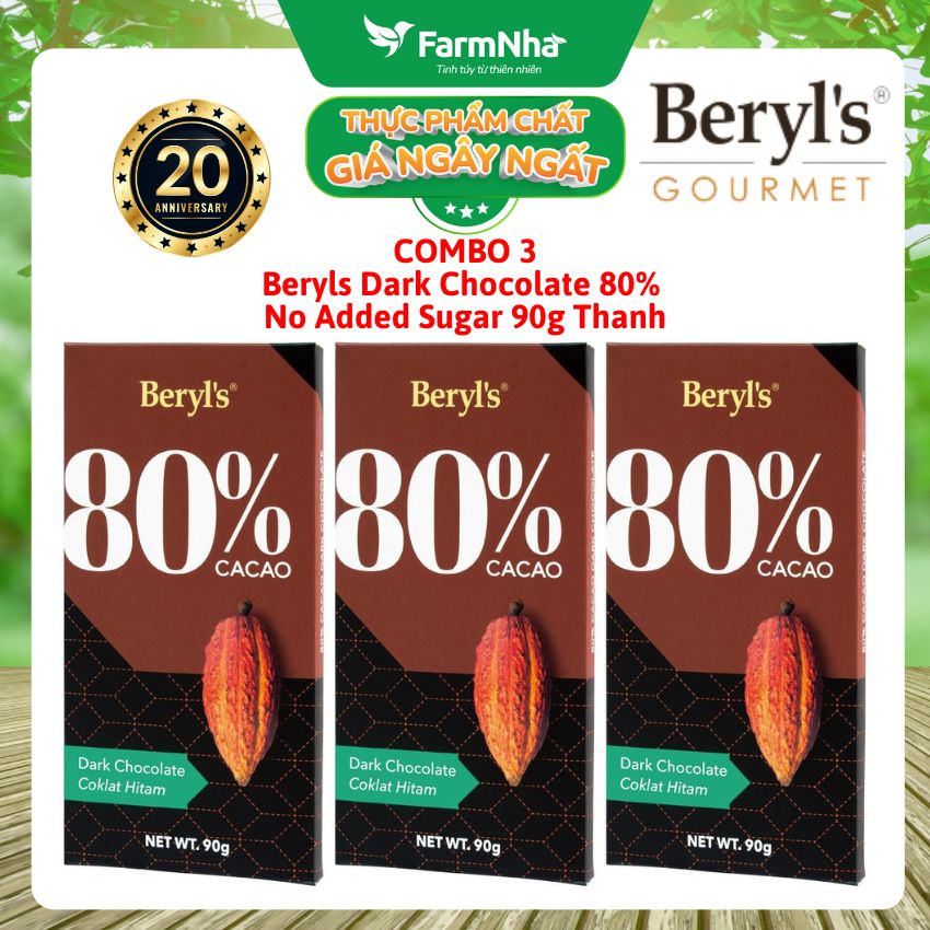 (Combo 3) Sô cô la Beryls No Added Sugar Dark 80% Chocolate 90g: Sự Lựa Chọn Hoàn Hảo Cho Người Yêu Thích Sô Cô La Đậm Đà