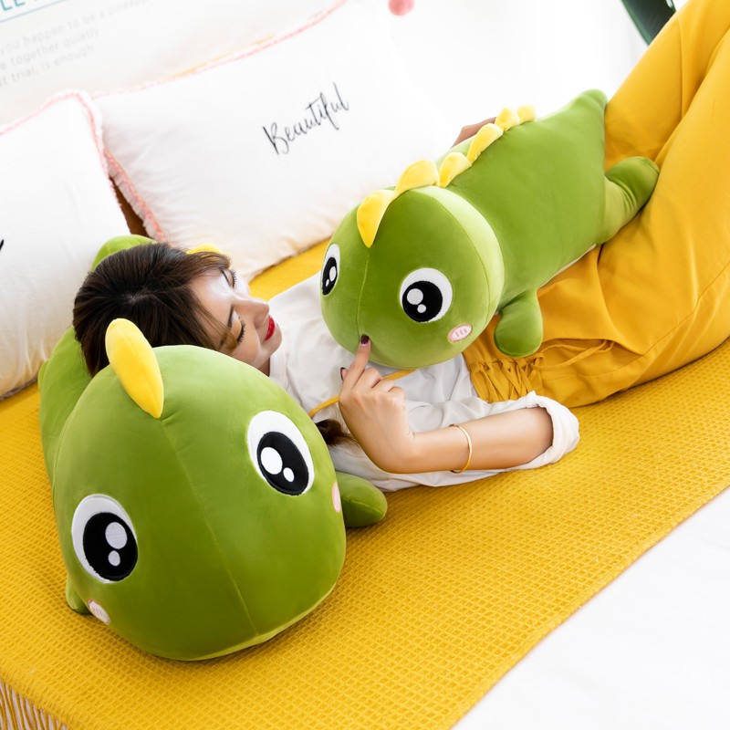 Gối ôm gấu bông khủng long mắt lồi đuôi tim vải nhung co dãn 4 chiều 6 SIZE