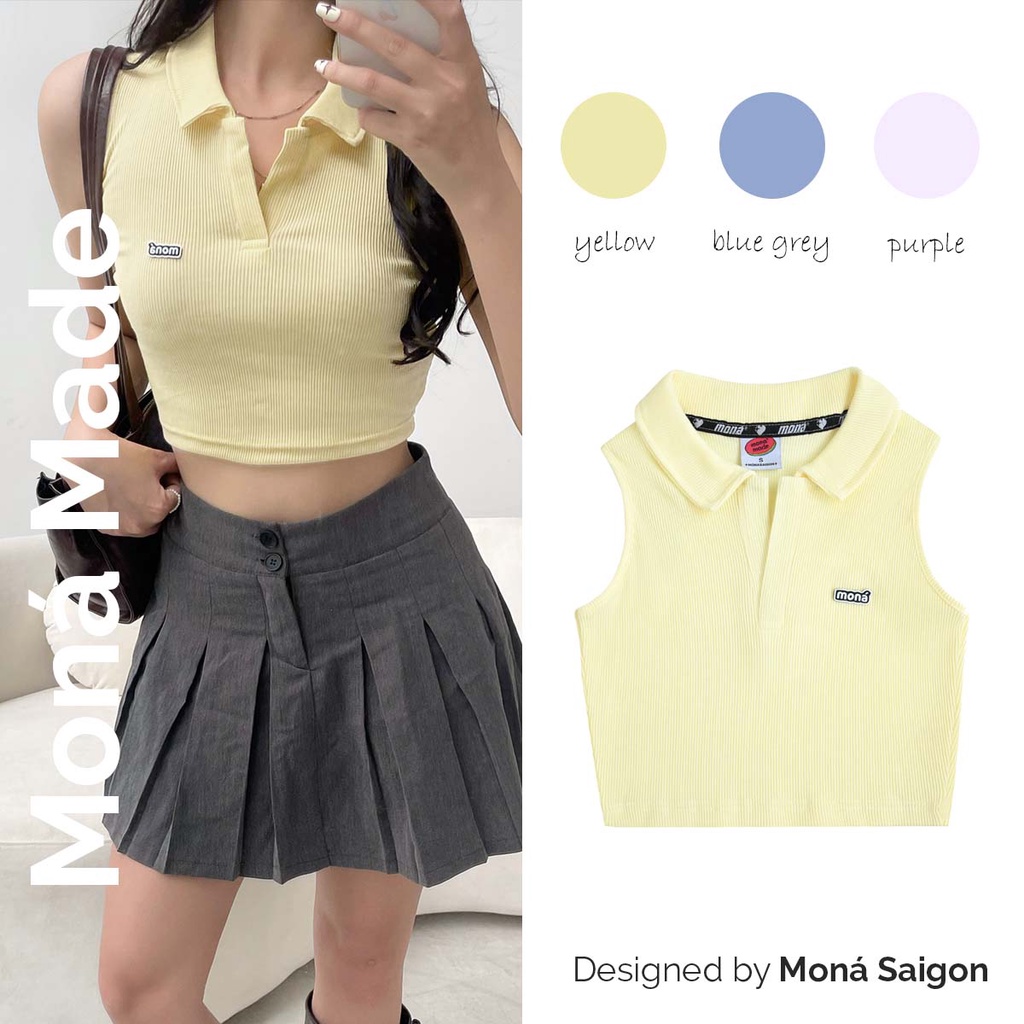 Áo croptop thun gân polo moná - perry xanh/xám/vàng