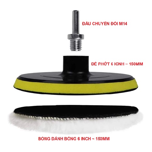 Bộ Đánh Bóng 3 Món Gồm 1 Phớt 15cm, 1 Lông Đánh 6 In, 1 Đầu Chuyển M14 Gắn Máy Làm Mới Xe Cộ Vật Dụng