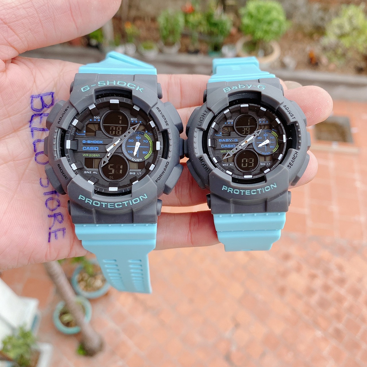 Đồng hồ thể thao G-Shock GA140 Và Baby-G BA140 Màu Xanh Ngọc Mặt Xám kim điện tử chống nước,GShock BabyG dây cao su màu bền không phai