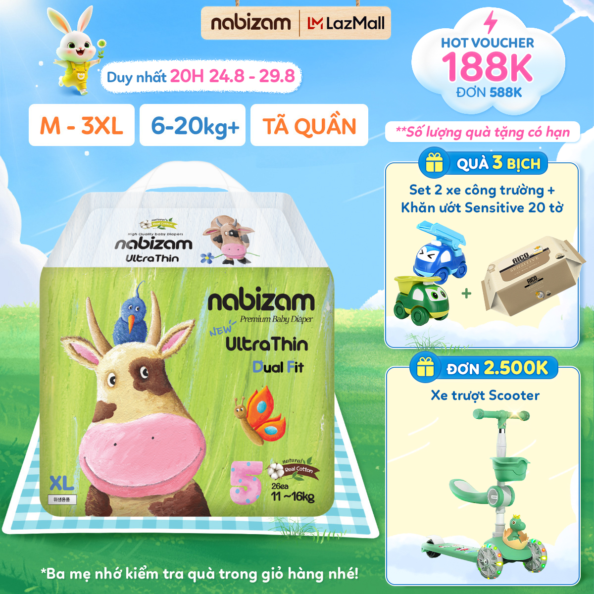 Combo 3 bịch tã/bỉm quần nabizam ultra thin nội địa hàn, mềm mại, mỏng nhẹ size m32/l30/xl26/2xl22/3xl20 cho bé 6-25kg