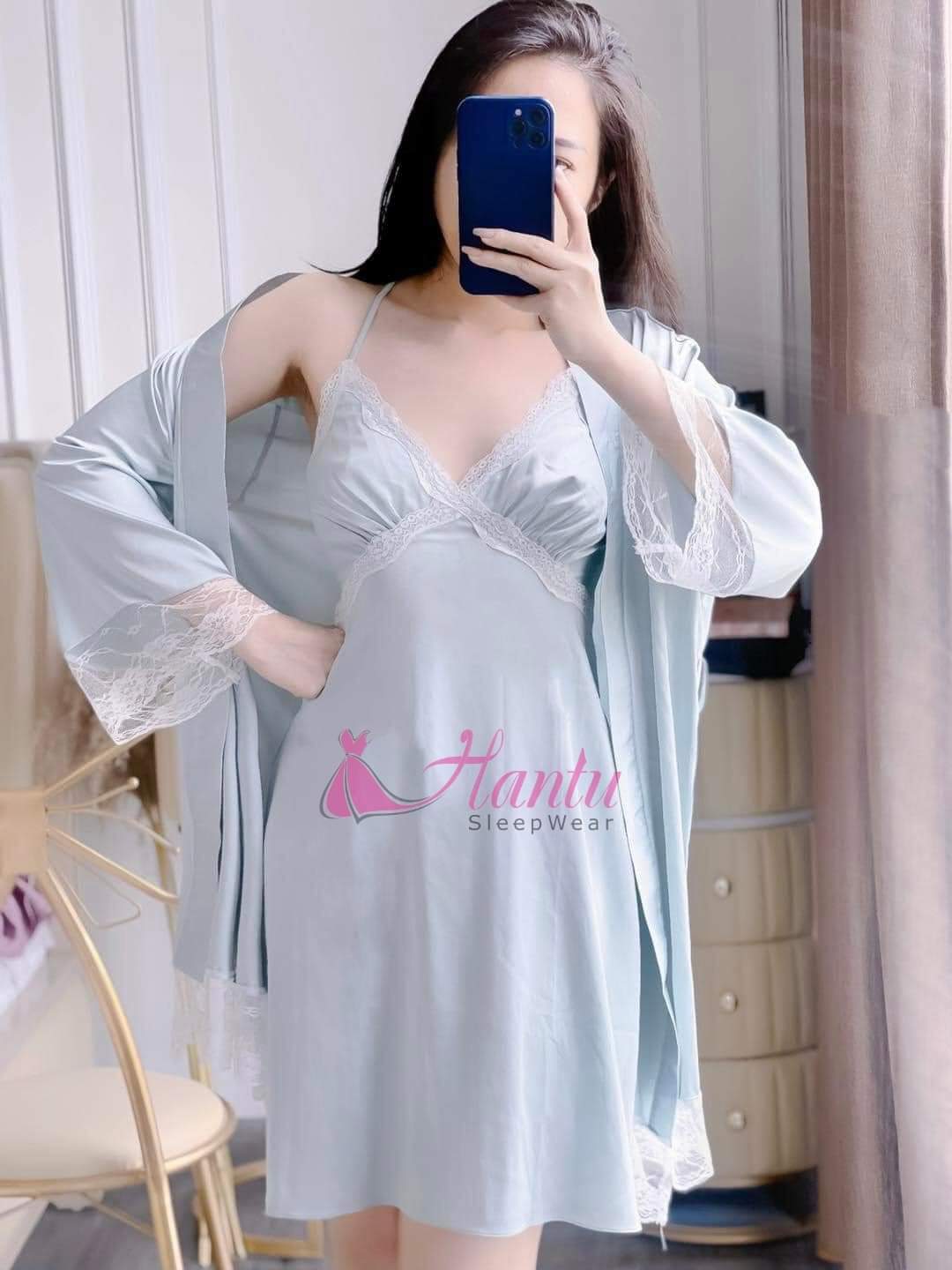 Hantu Sleepwear-Set áo choàng kèm đầm ngủ lụa 2 dây phối ren mặc nhà sexy,sang trọng