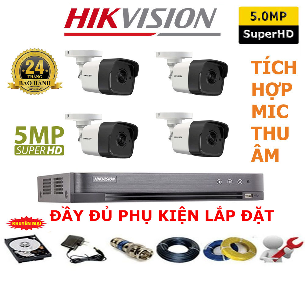 Trọn Bộ Camera Hikvision 4 Kênh Super HD 5.0MP Tích Hợp Mic Thu Âm - Đầy đủ phụ kiện lắp đặt