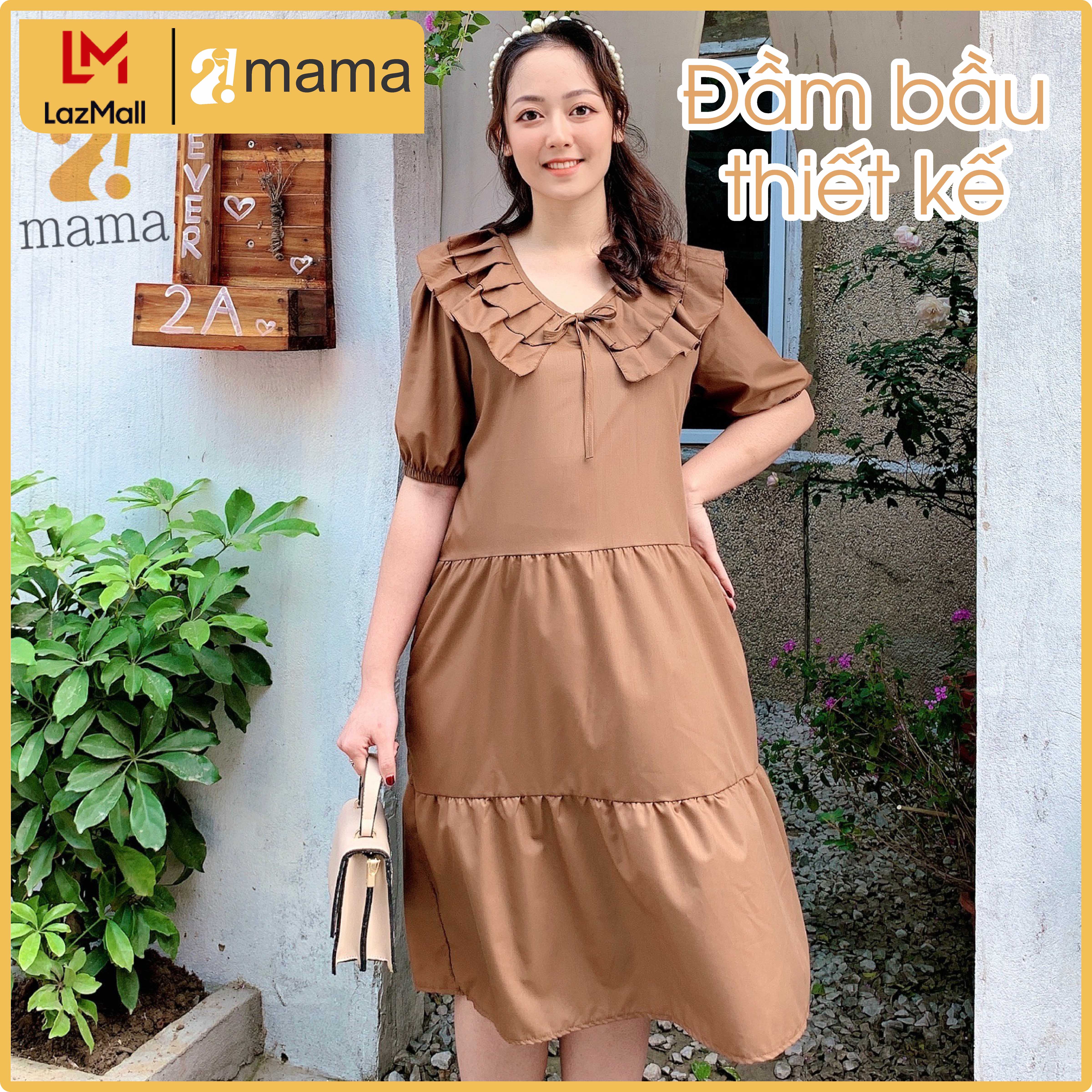 Đầm bầu dự tiệc 2MAMA cổ bèo 3 tầng đuôi cá màu nâu, hồng V15