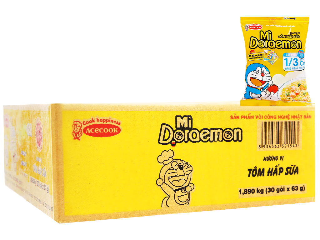 Thùng 30 gói mì Doraemon vị tôm hấp sữa 63g
