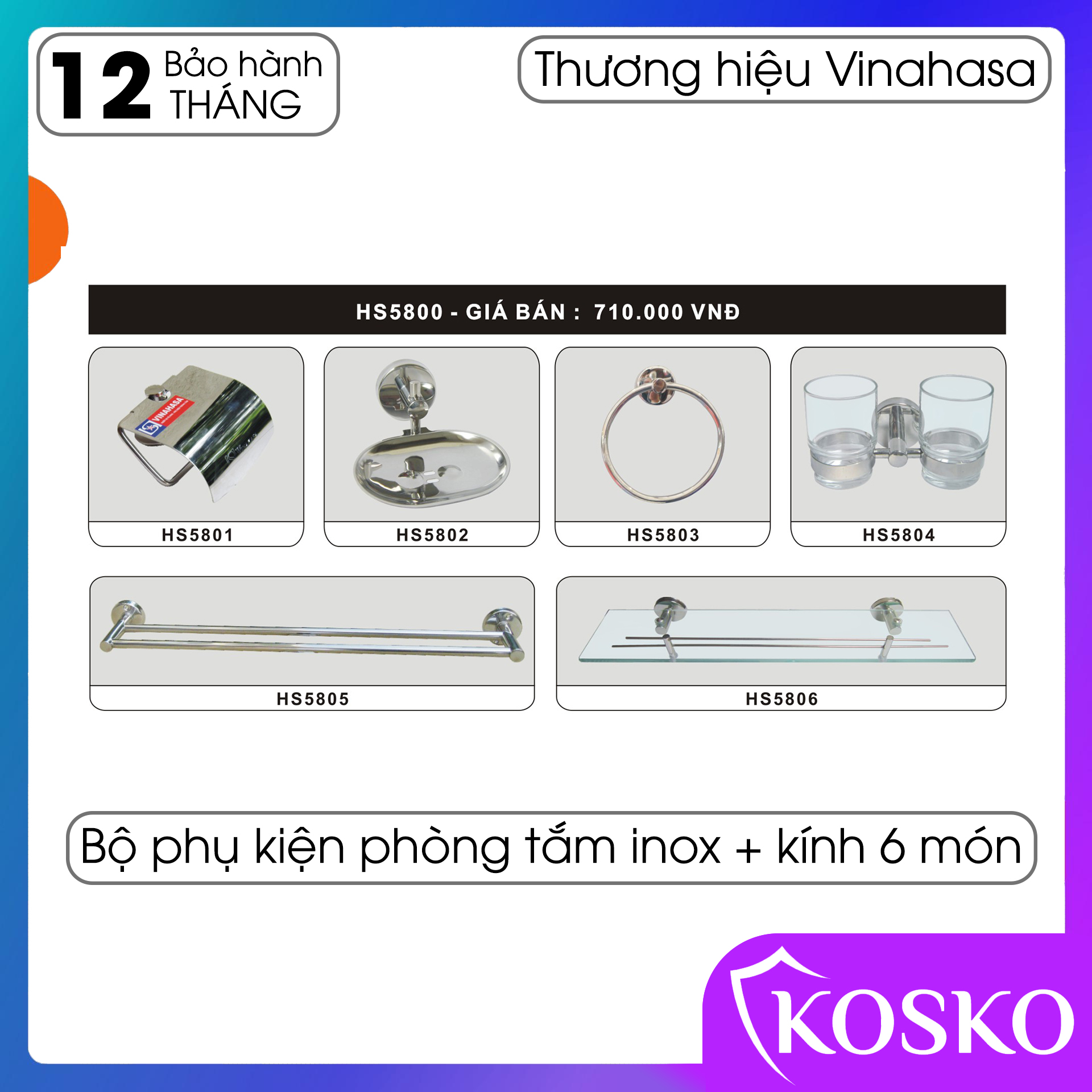 Kệ để đồ phòng tắm Bộ Phụ Kiện Phòng Tắm Vinahasa inox – Kính cường lực HS5800 Dễ dàng lắp đặt – không cần gọi thợ