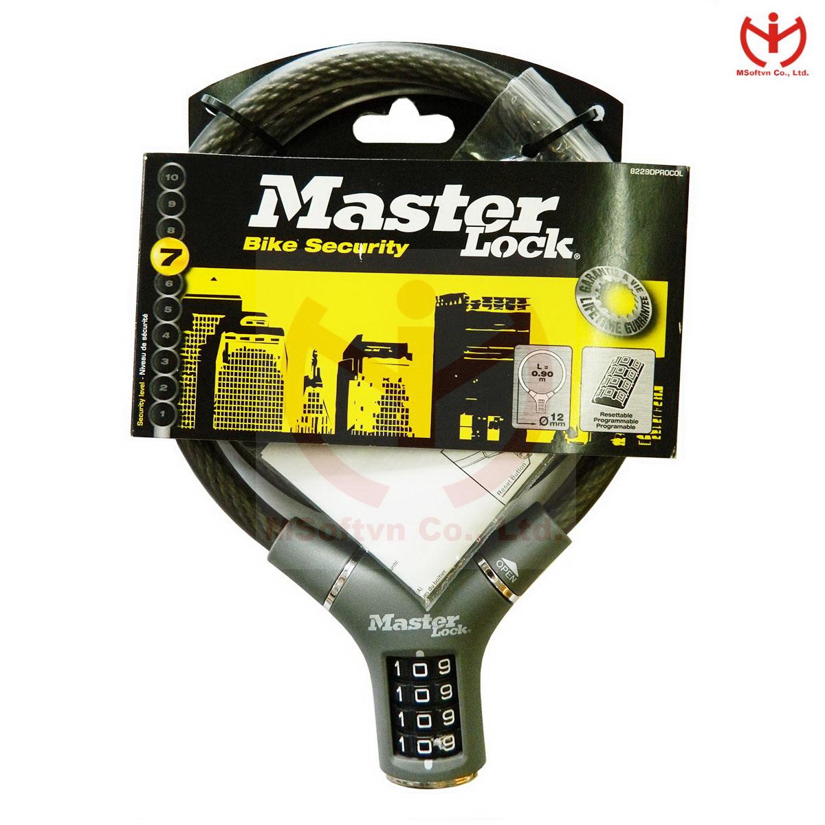 Khóa xe đạp Master Lock 8229 EURDPROCOL dây cáp dài 0.9m x 12mm đầu khóa số - MSOFT