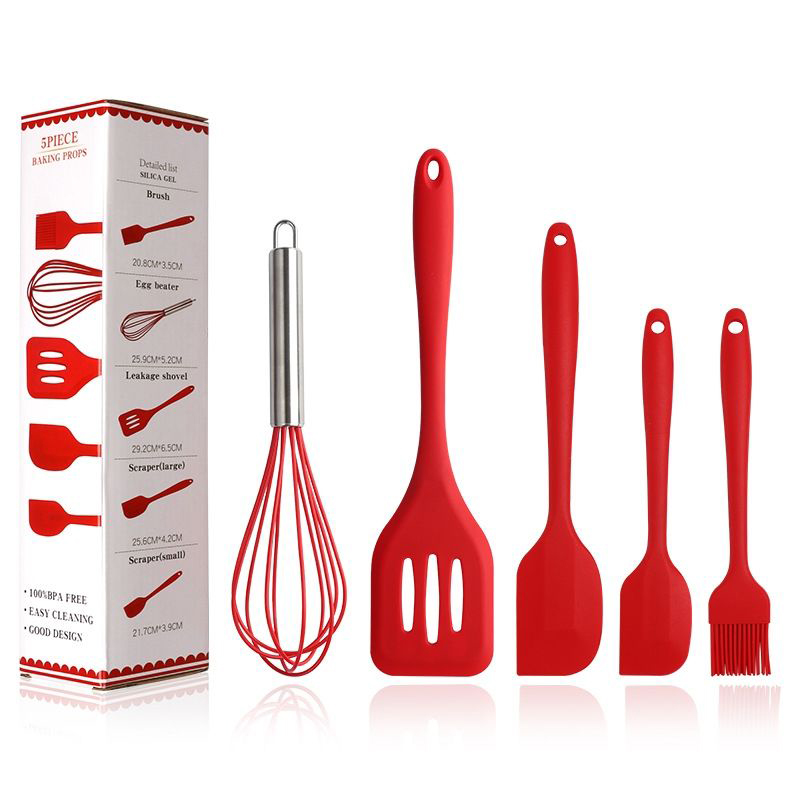 GIGA ESSENTIAL Bộ dụng cụ nhà bếp bằng silicon Bộ dụng cụ làm bánh 5 món/Bộ xẻng toàn bộ/bàn chải dầu xẻng Silicon/máy đánh trứng/Xẻng muỗng nấu ăn