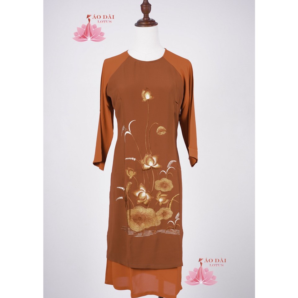 Áo dài đi chùa thêu sen bốn tà nâu đất - DC0201, vải dày dặn nên các nàng an tâm mặc tung bay nhé