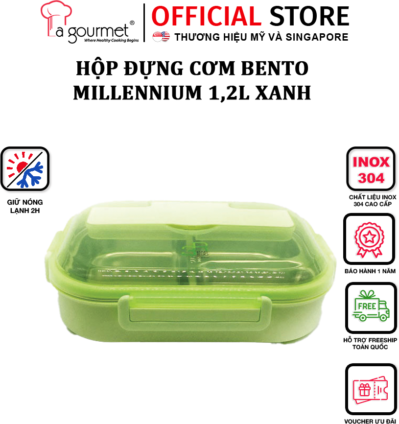 Camen đựng cơmgiữ nhiệt 1 ngăn-1 tầng/Hộp cơm giữ nhiệt chống tràn La gourmet Millennium PAC2GO Bento 1200ml Xanh lá/hộp cơm giữ nhiệt giá rẻ / Inox 304 cao cấp chính hãng 357205