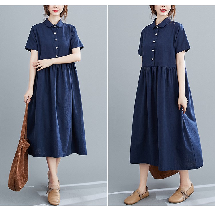 Đầm linen dáng Babydoll Đũi Việt, Đầm Midi Cổ Sơ Mi Tay Ngắn Chất đũi mát