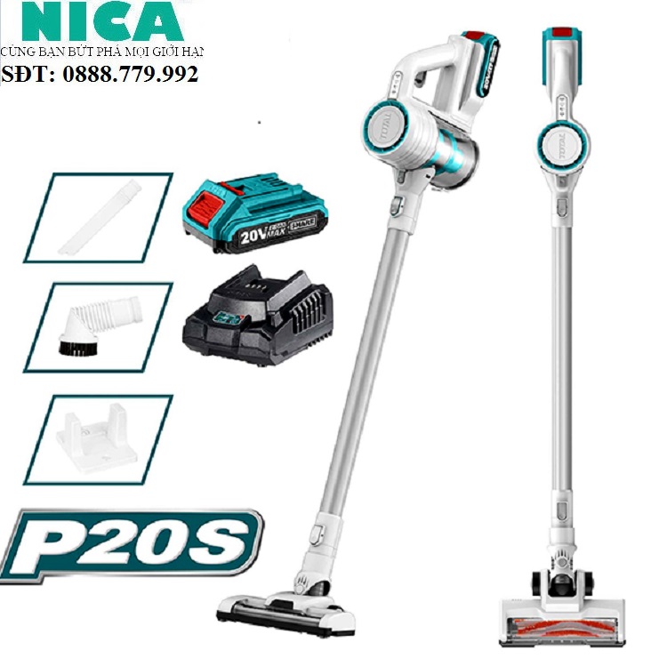 Máy hút bụi dùng pin total tvli2006 dung tích 0.8l, công suất 120w, motor dây đồng nguyên chất, kèm 1 pin 2.0ah 1 sạc