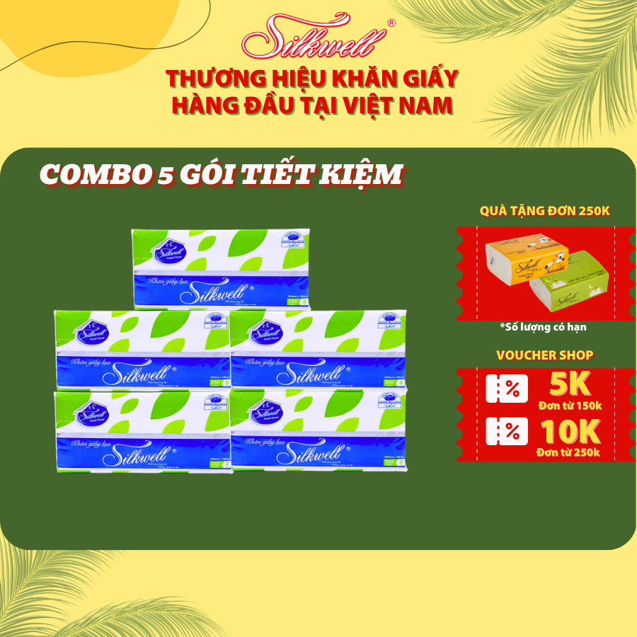 Combo 5 gói Giấy ăn Silkwell 250 tờ khổ 200, khăn giấy rút lụa siêu mềm mịn không tẩy trắng hàng chính hãng
