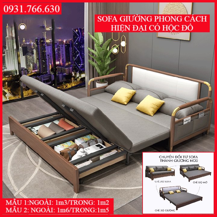 Sofa giường gấp gọn thành ghế khung sắt sơn tĩnh điện có hộc đựng đồ phong cách hiện đại.KT: 1m6 x 1m95