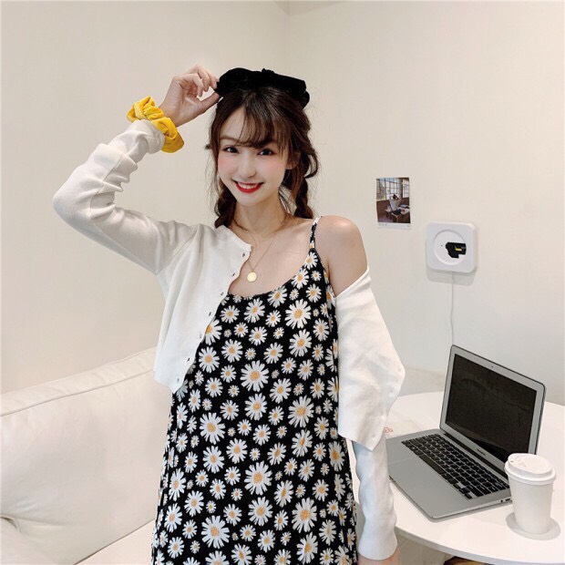 Đầm hai dây voan hoa nhí phối áo khoác trắng stype TTSA0357