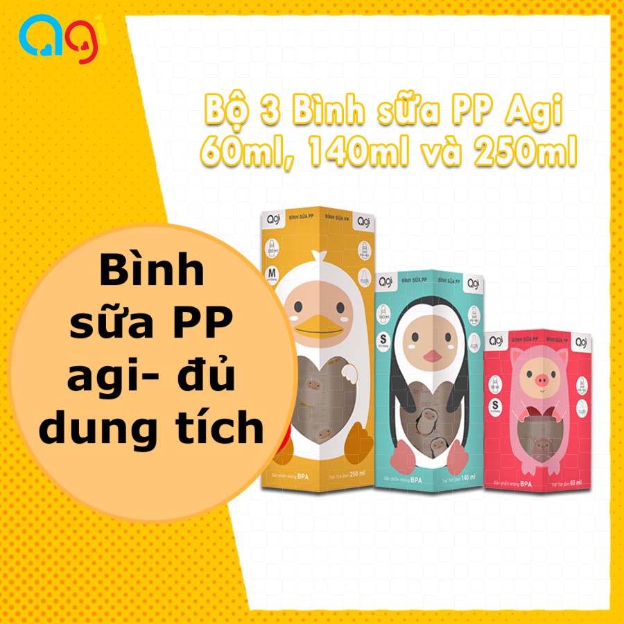 Bình sữa Agi Premium 60ml/ 140ml/ 250ml cho bé có van chống sặc chống đầy hơi (mẫu mới)
