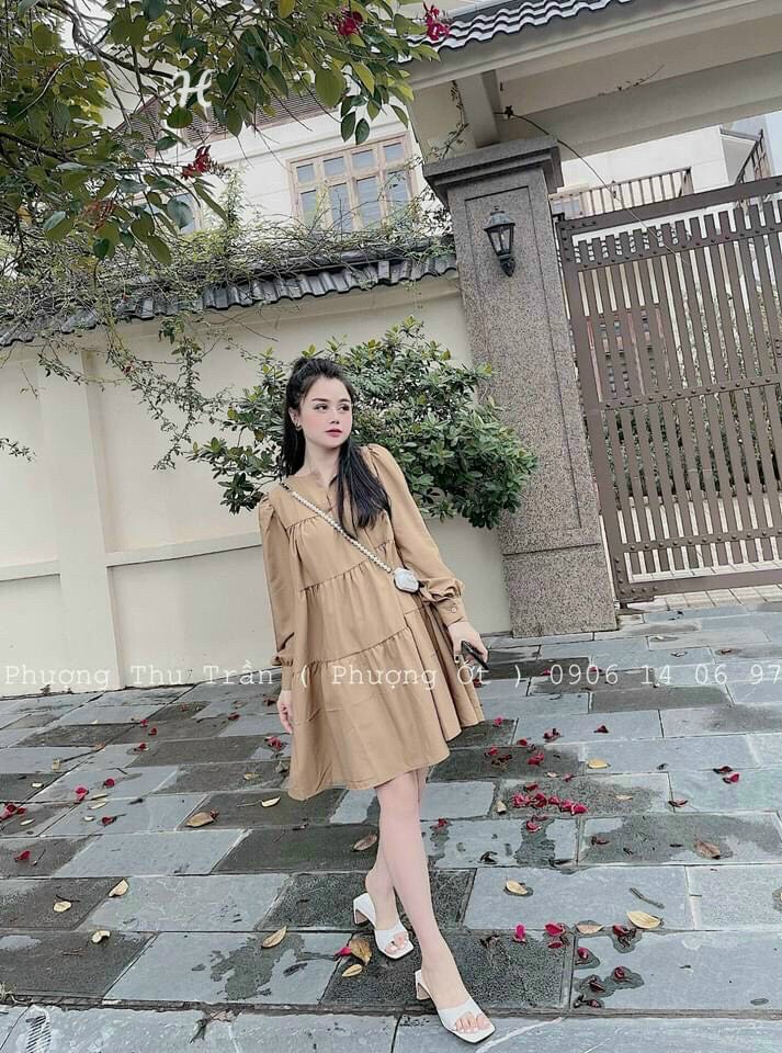 Đầm kate nâu xòe dễ thương xinh