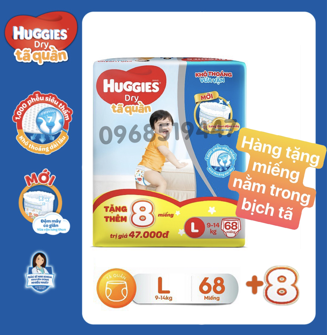 [HCM][TẶNG 8 MIẾNG TÃ QUẦN NẰM TRONG BỊCH TÃ] Tã/Bỉm quần huggies L68 Tã/bỉm quần Huggies Dry Jumbo L68 MỚI (Đệm mây co giãn) - Gói 68 miếng (Cho bé 9kg -14kg) - Cam kết HSD còn ít nhất 10 tháng