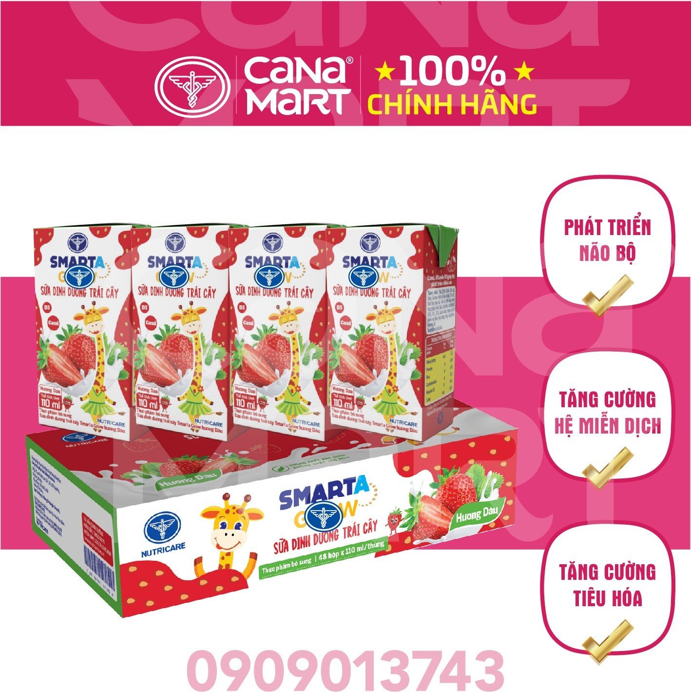 Thùng sữa nước trái cây Nutricare Smarta Grow (vị dâu - cam - trái cây - nho) dinh dưỡng cho trẻ thấ