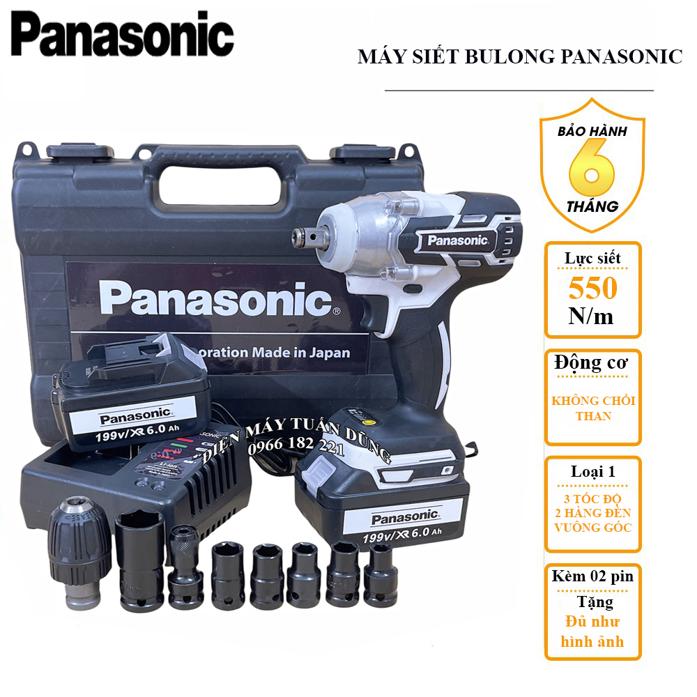 Máy siết bulong dùng pin Thương hiệu Panasonic 199V Không Chổi Than LỰC SIẾT 550Nm TẶNG 5 khẩu + đầu chuyển vít + đầu khoan 10N