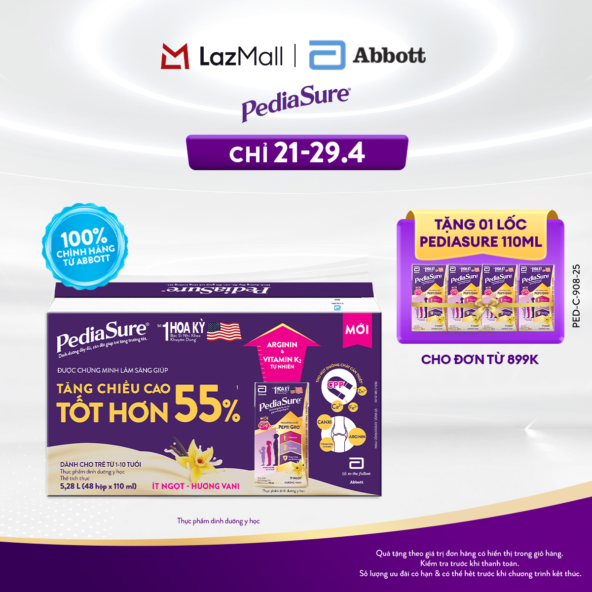 [CHỈ 21-29.04 QUÀ TẶNG CHO ĐH 899K-SLCH] 1 thùng 48 hộp PediaSure 1-10 tuổi dạng pha sẵn hương Vani 110ml