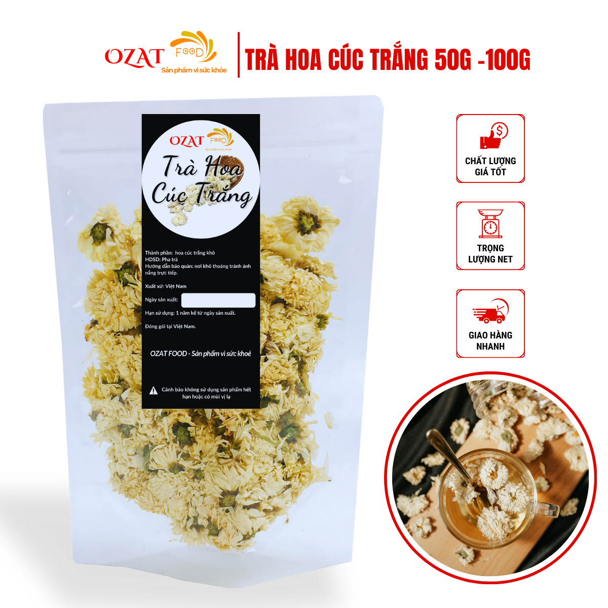 Trà hoa cúc trắng ngủ ngon an thần giảm lo âu căng thẳng 50G -100G | OZAT FOOD