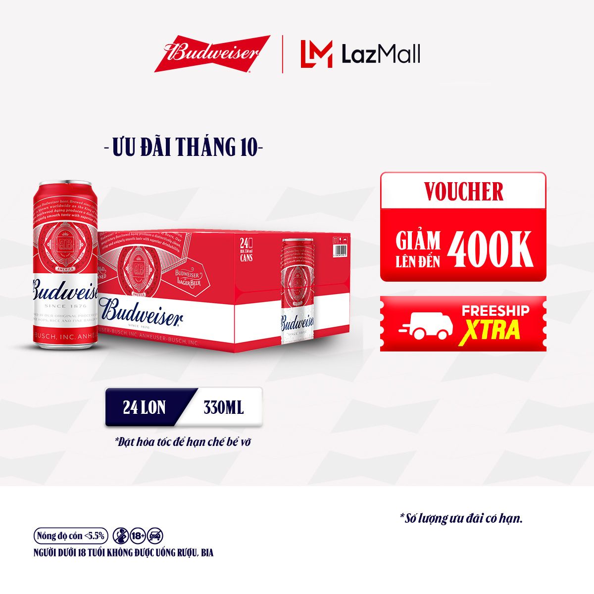 Thùng 24 Lon Bia Budweiser Sleek Can Chính Hãng (330ml/lon)