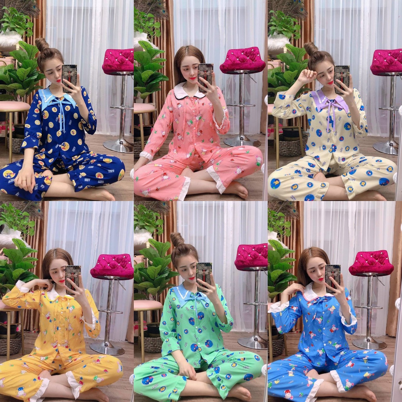 Bộ ngủ pijama tay dài quần dài Vải Lụa Hàn mịn mát Freesize dưới 58kg