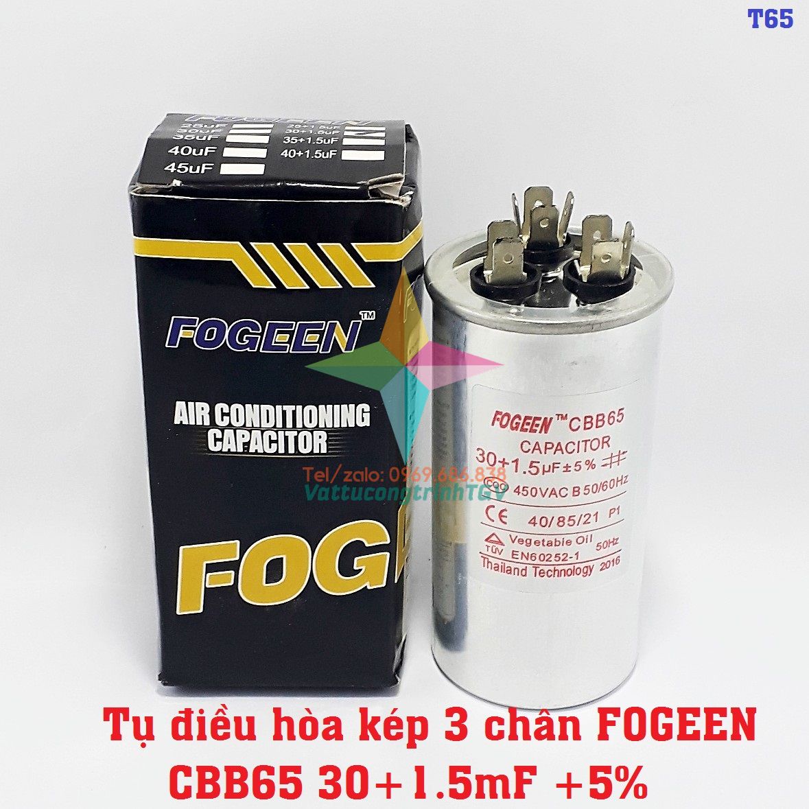 Tụ điều hòa 3 chân fogeen cbb65 30+1.5uf +5%
