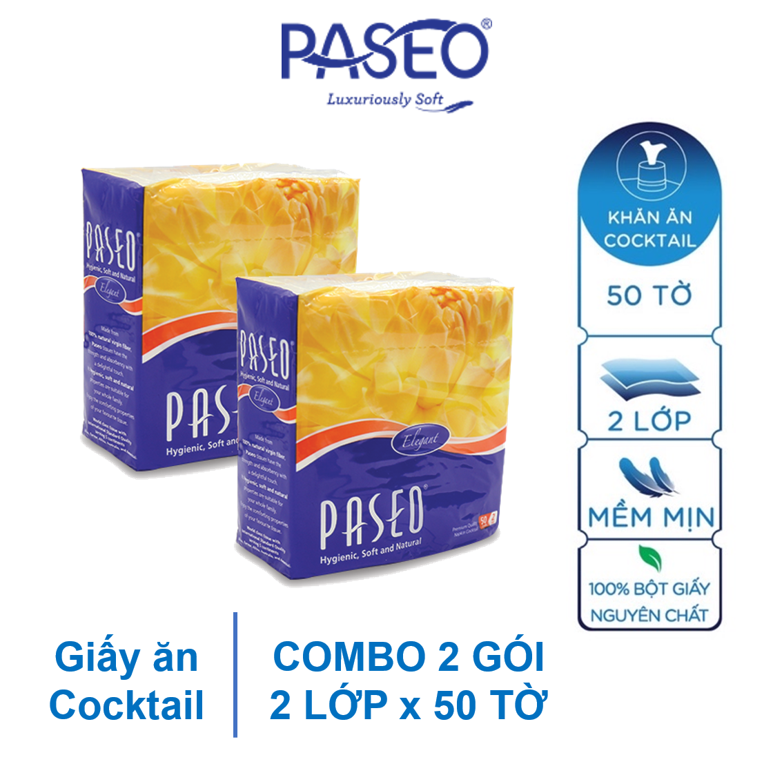 2 gói khăn giấy ăn paseo cocktail 2 lớp gói 50 tờ - 69910131