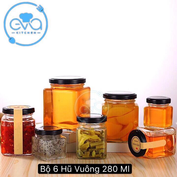 Bộ 6 hũ thủy tinh vuông nắp vặn dung tích 280 ml