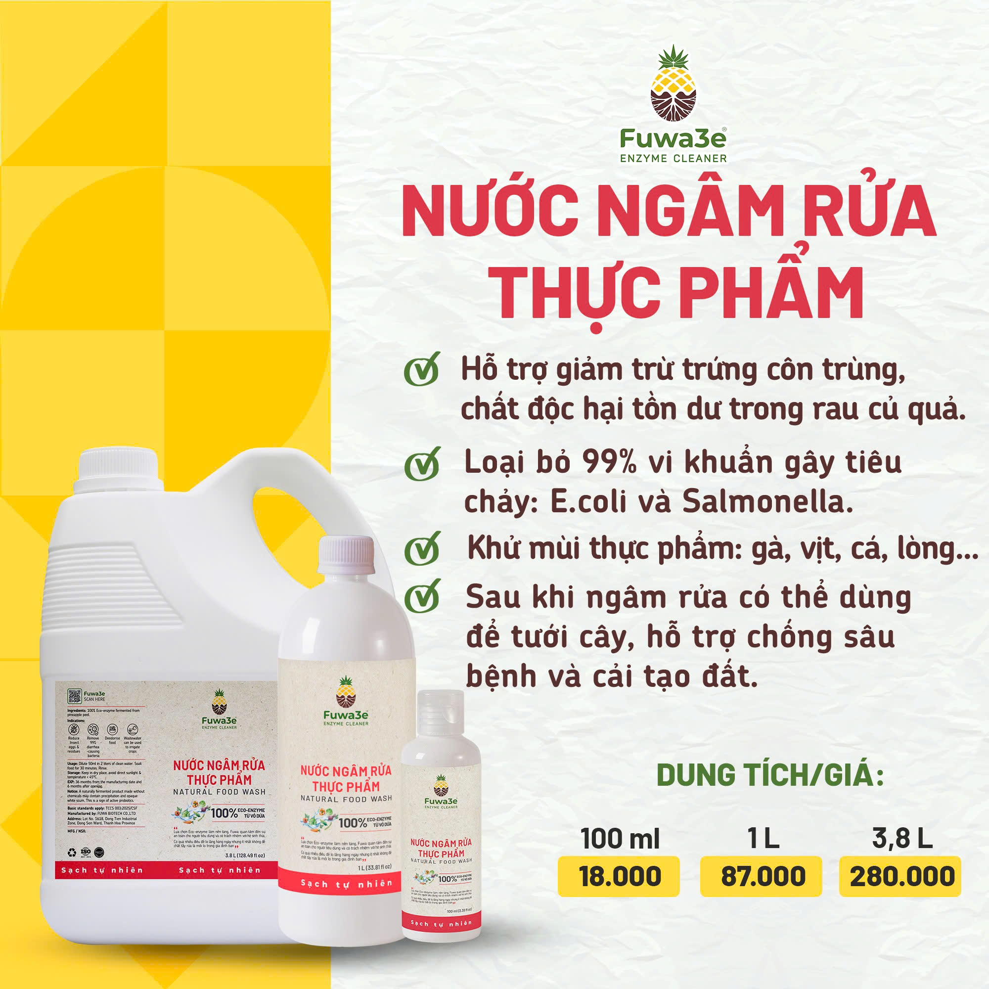  Fuwa3e - Nước ngâm rửa thực phẩm từ enzyme dứa hữu cơ organic khử mùi loại bỏ thuốc sâu chất bẩn 