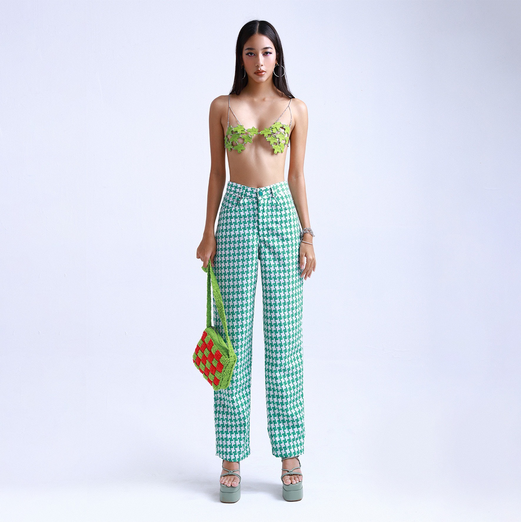 Quần dài họa tiết nổi bật - TARTAN - green houndstooth pattern/họa tiết răng sói xanh lá