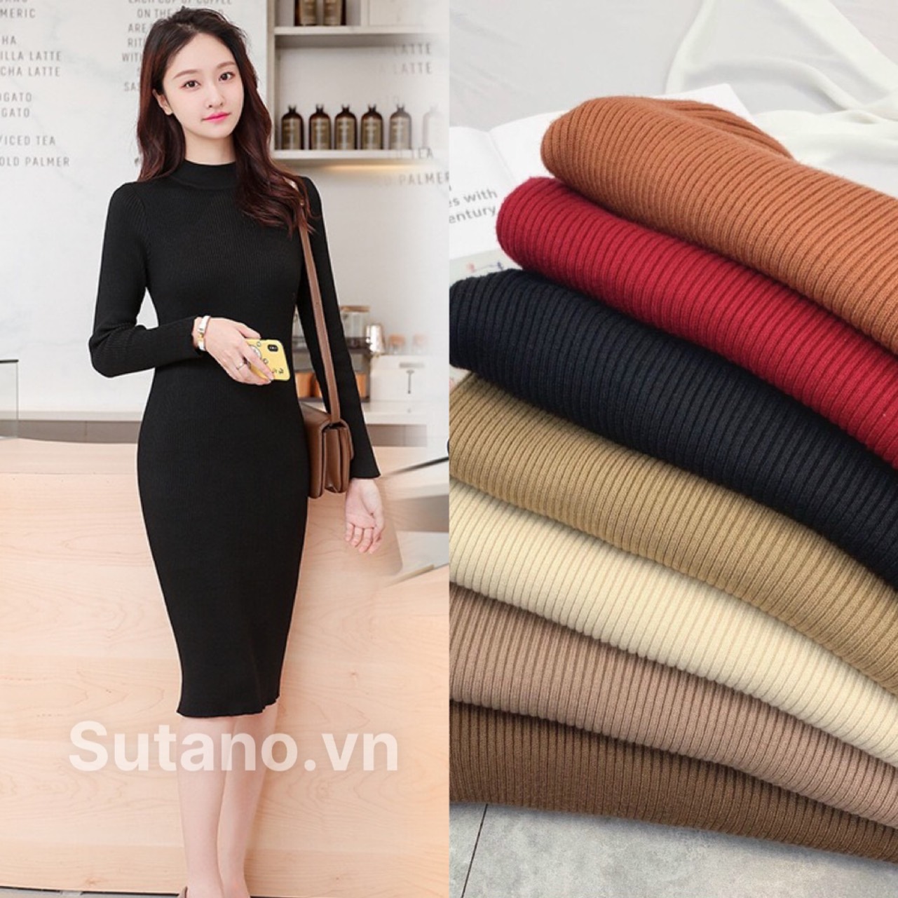 Váy len body cổ 3 phân dáng ôm body dài qua gối chất len dày dặn hàng đẹp PANOSI - V628