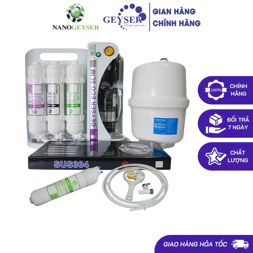 Máy lọc nước Nano Geyser SLIM S8, Lõi đúc nguyên khối, Tạo Kiềm, bổ sung Hydro cho nước, bảo hành 5 năm