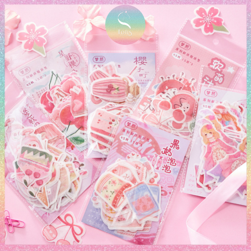 Sticker gói Sakura màu hồng siêu dễ thương - 45 hình dán