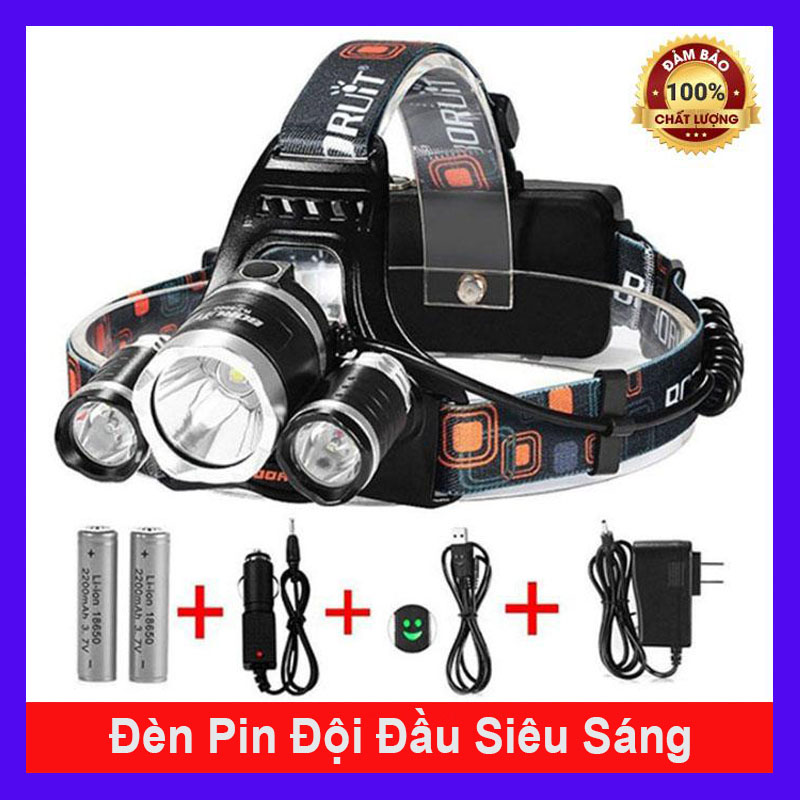 Đèn pin đội đầu siêu sáng - Đèn Pin Led Siêu Sáng Đội Đầu 3 Bóng (Đen) Nhiều Chế độ ,tặng kèm pin và sạc